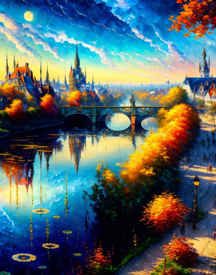 Colorful painting of riverside town at sunset with autumn trees, bridge, and dramatic sky.