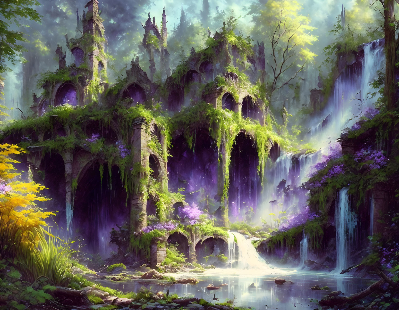 Tranquil pond with cascading waterfalls in enchanted ruins