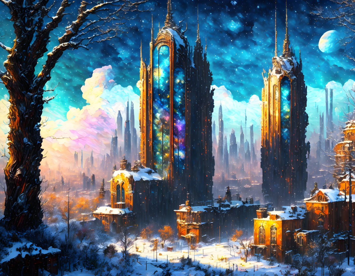 Snow-covered fantasy cityscape with golden spires under starry sky.