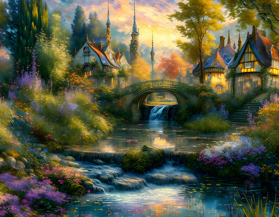 Fantasy landscape with cottages, stone bridge, vibrant flora, and sunset glow