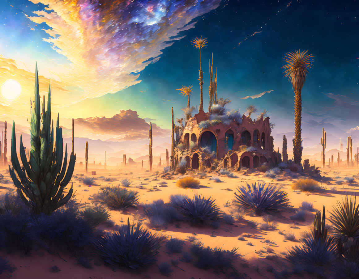 Desert sunset scene with cacti, castle ruins, and starry sky