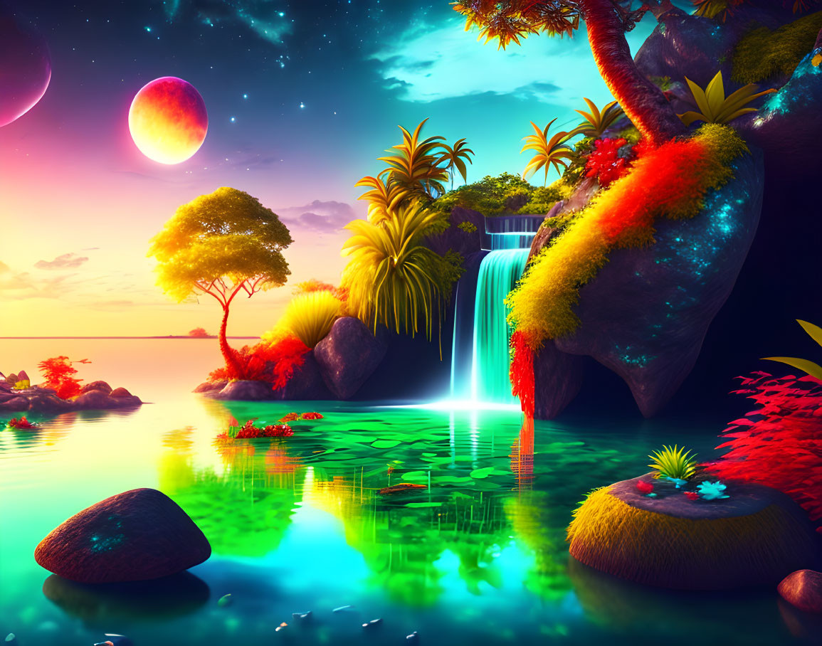 Colorful digital artwork: fantastical landscape with waterfall, tropical trees, and celestial sky.