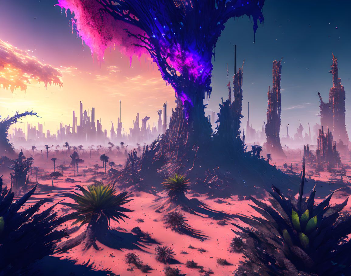 Colorful alien landscape with purple tree and exotic plants at dusk