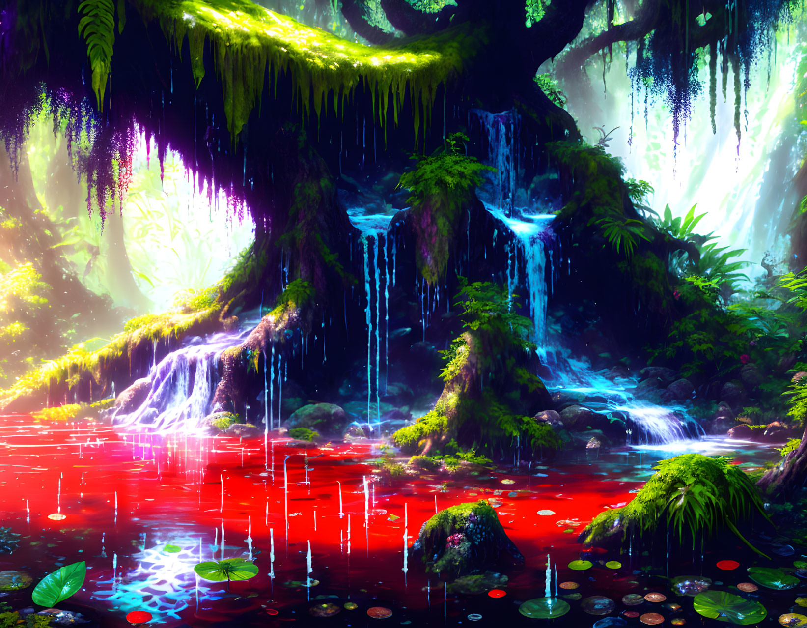 Lush green forest with waterfalls and red lily pad lake