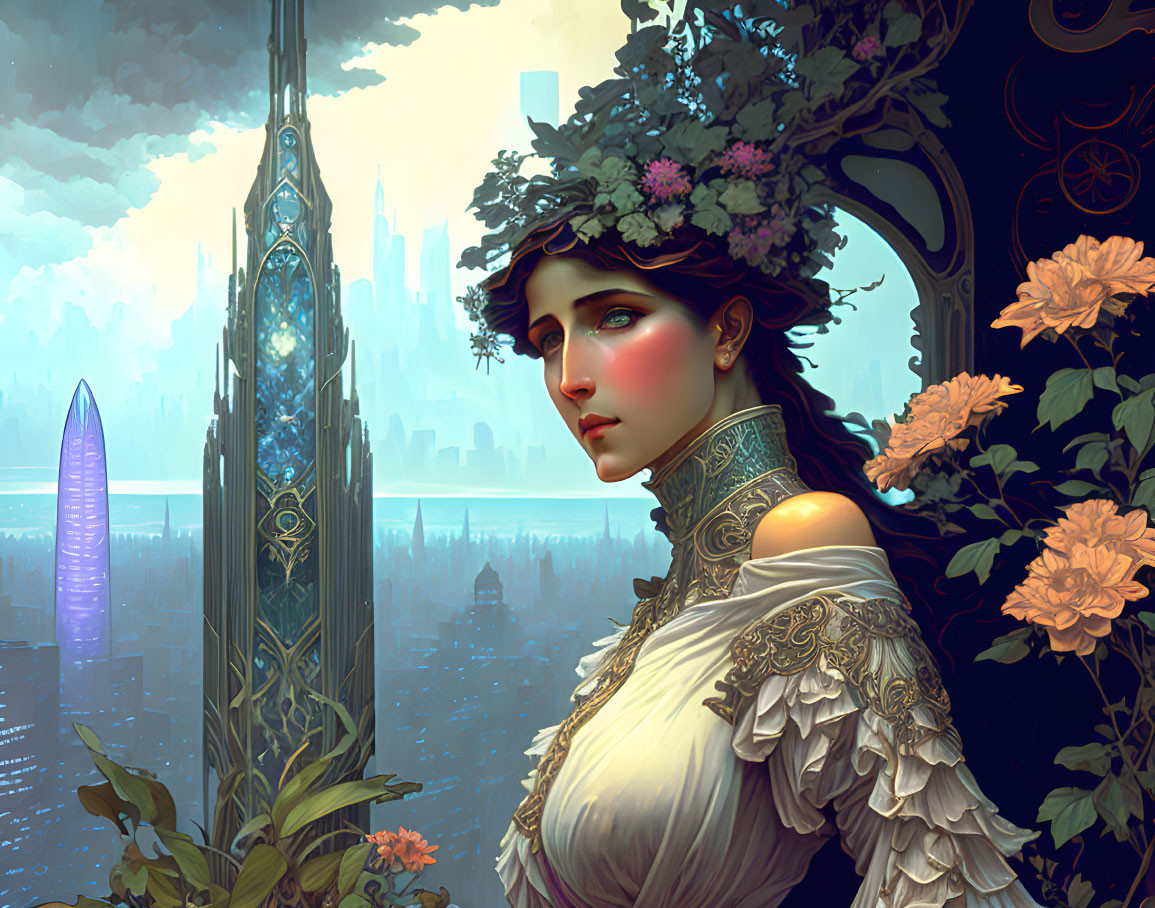 Woman with floral headdress gazes at futuristic cityscape