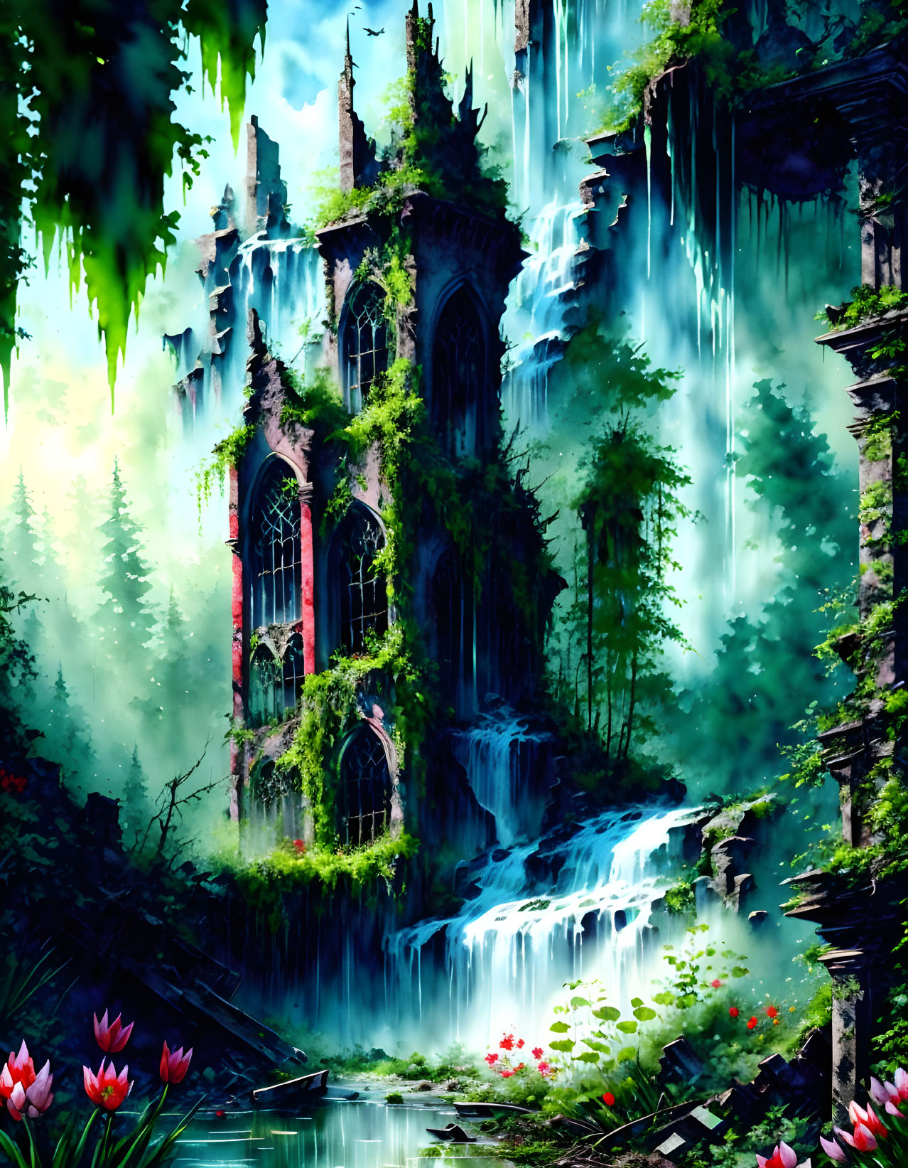 Mystical gothic castle in lush forest with waterfalls and vibrant flora