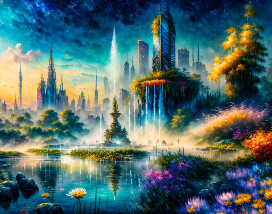 Fantasy landscape with floating cities, pond, lush foliage, starry sky