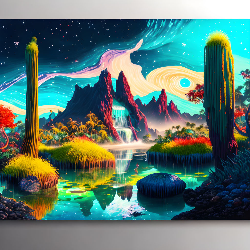 Surreal colorful landscape with cacti, mountains, lake, starry sky