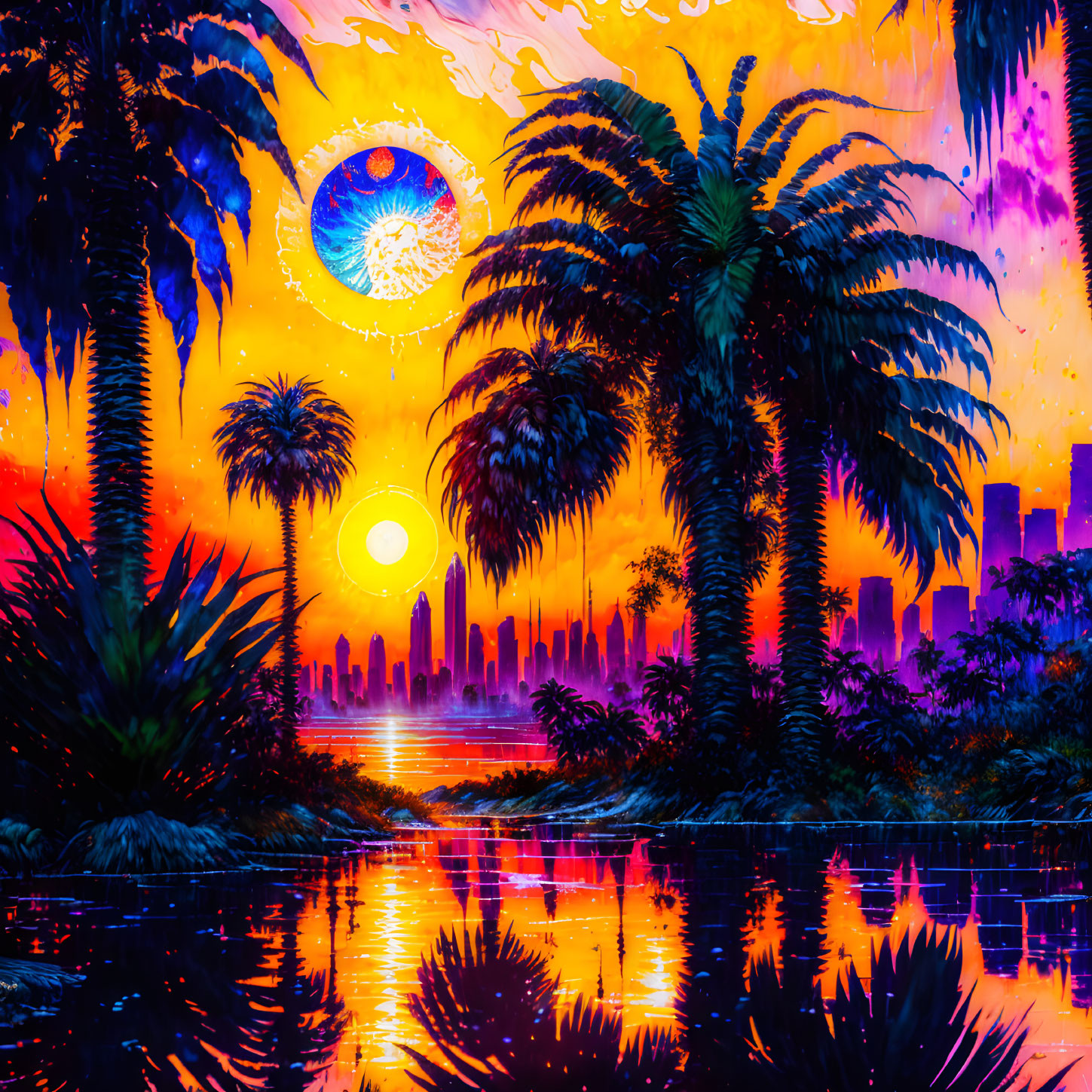 Neon-infused sunset over palm-lined waterfront