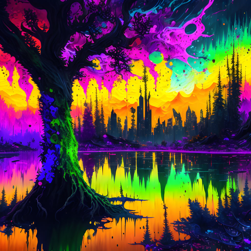 Colorful Psychedelic Landscape with Reflective Lake & Vibrant Tree