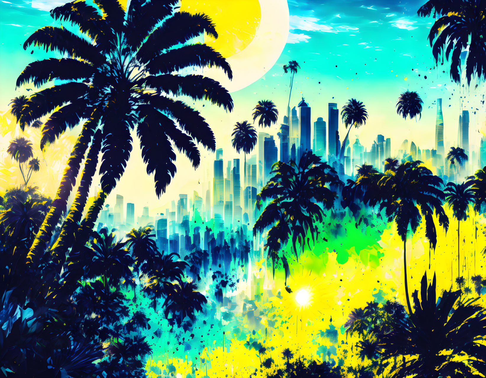 Colorful tropical skyline art with palm trees and city silhouette.