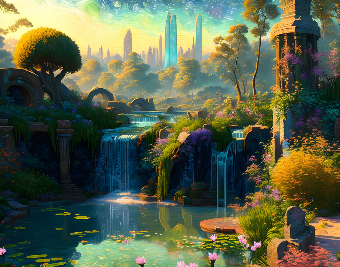 Fantasy landscape with waterfalls, ruins, greenery, and city spires