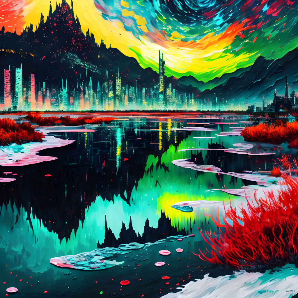 Colorful surreal landscape with reflective lake and futuristic city silhouette