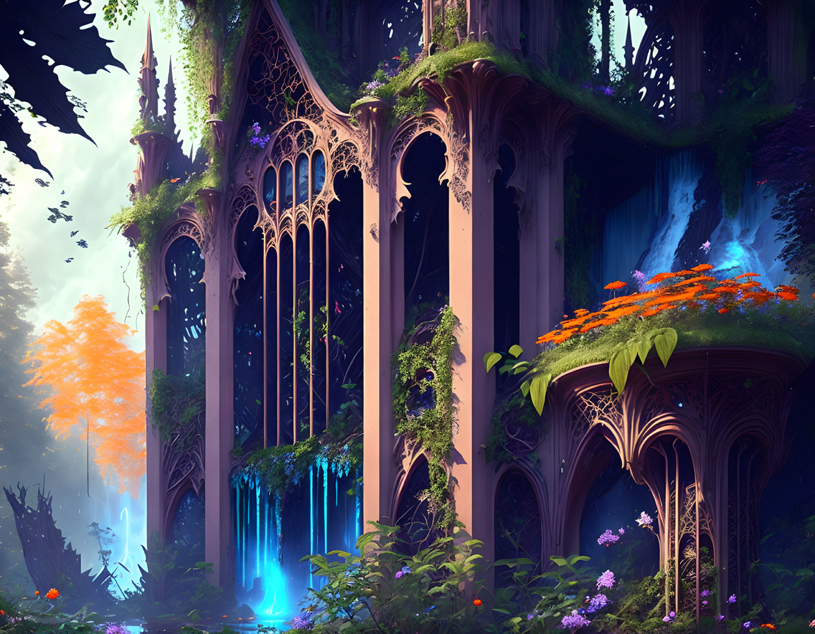 Fantastical forest scene with gothic architecture, waterfall, orange & purple flora