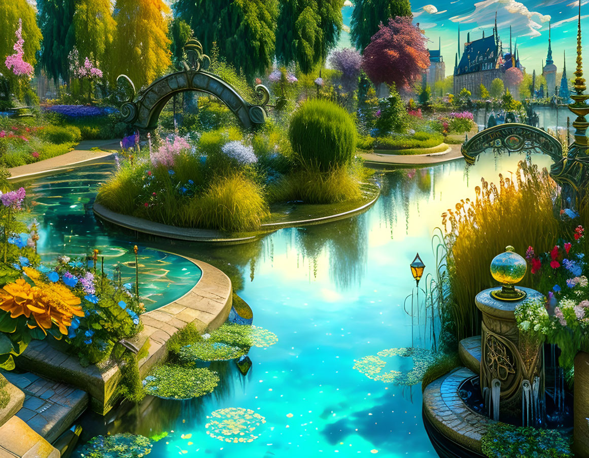 Serene blue pond in vibrant fantasy garden