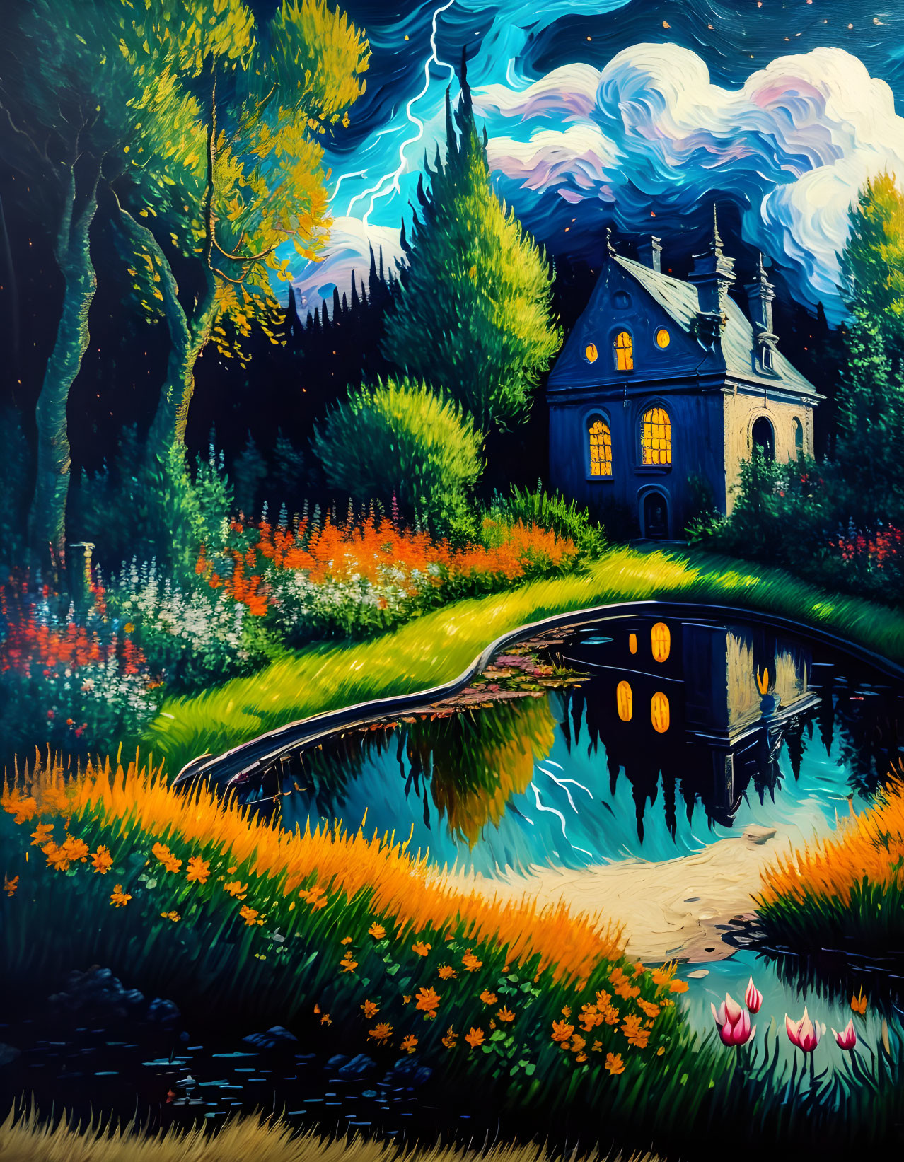 Colorful night scene painting with cottage, bridge, pond, and starry sky