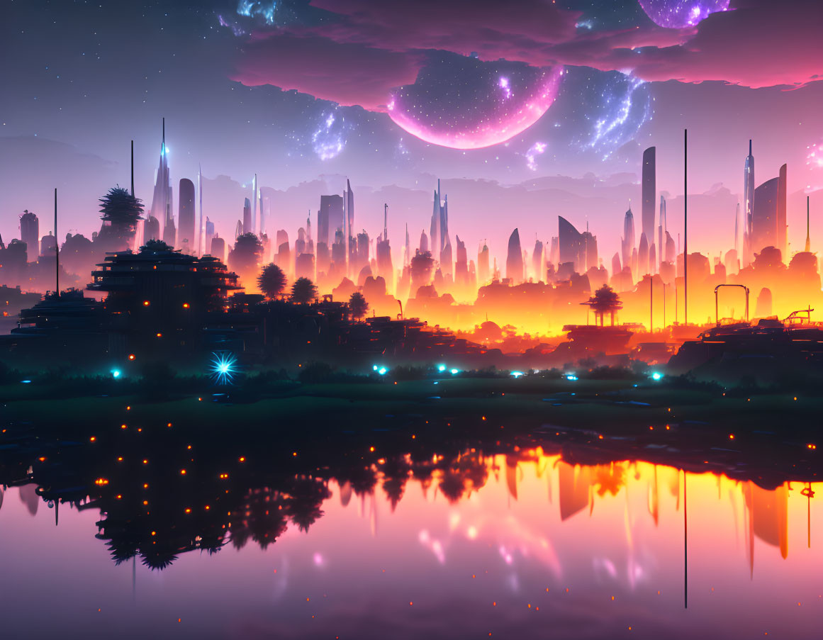 Futuristic cityscape with skyscrapers at dusk under pink and purple sky