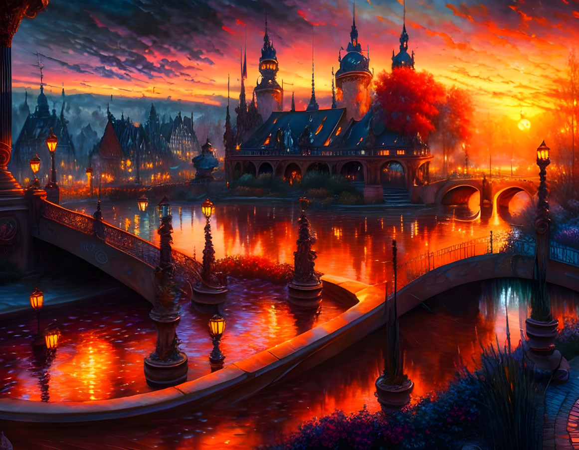 Fantasy cityscape with ornate buildings, canal, bridge, and sunset reflections