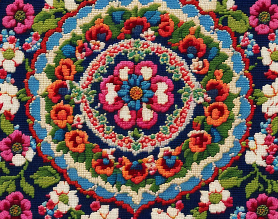 Vibrant Floral Needlepoint Embroidery on Dark Background