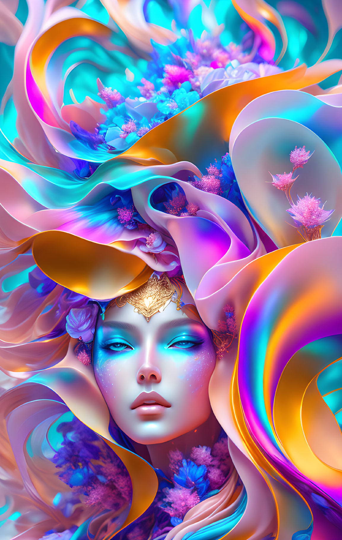 Vibrant surreal portrait of a woman with flowing hair and floral adornments