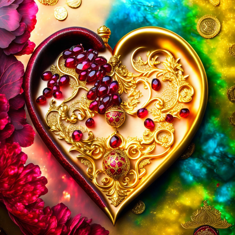 Intricate Gold and Red Gemstone Heart-Shaped Adornment on Luxurious Background