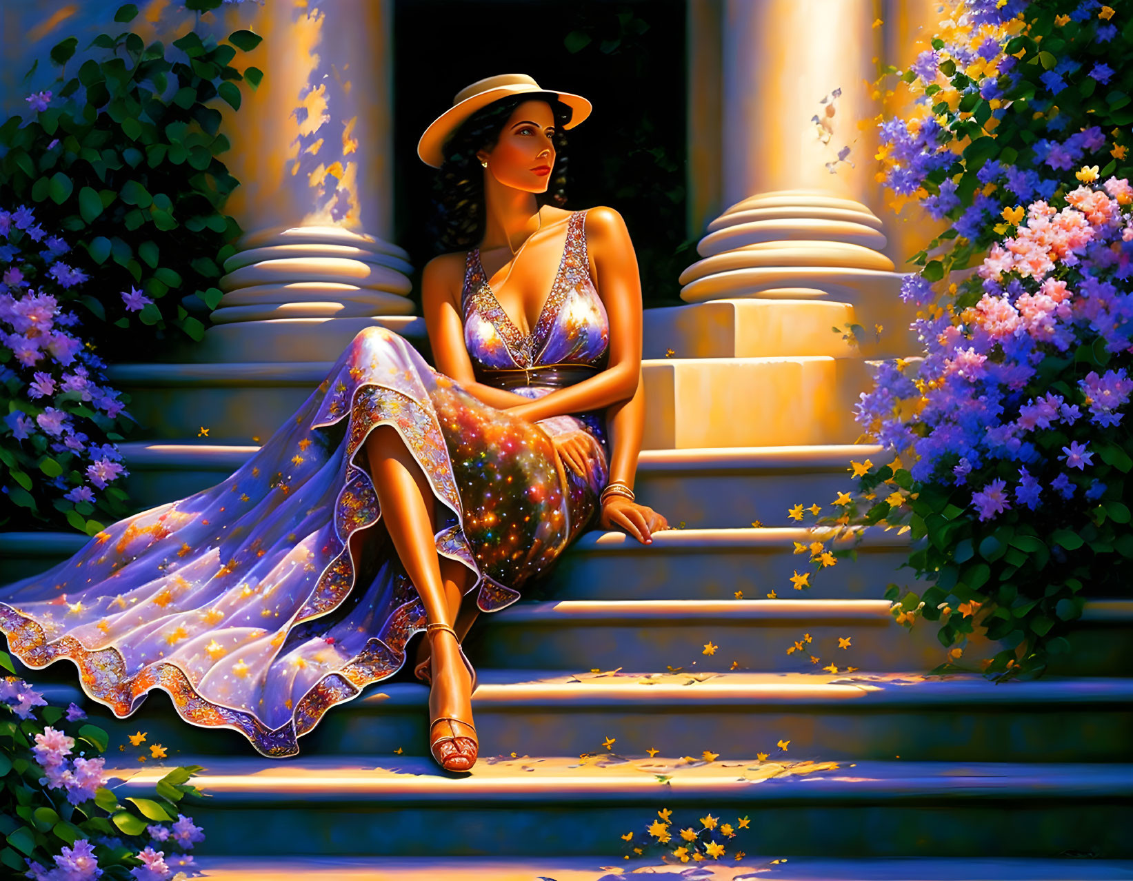 Woman in flowing dress surrounded by lush purple flowers on sunlit steps