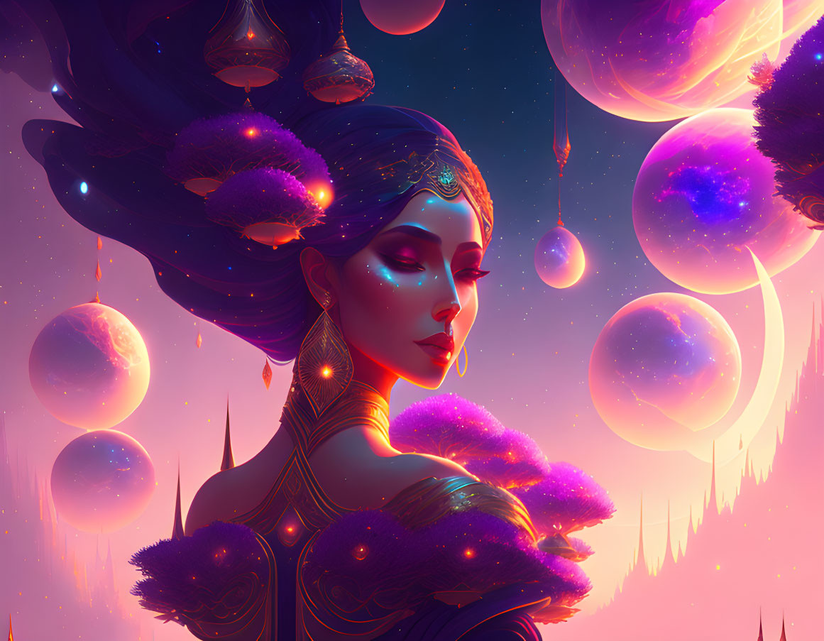 Colorful cosmic woman illustration with vibrant alien landscape