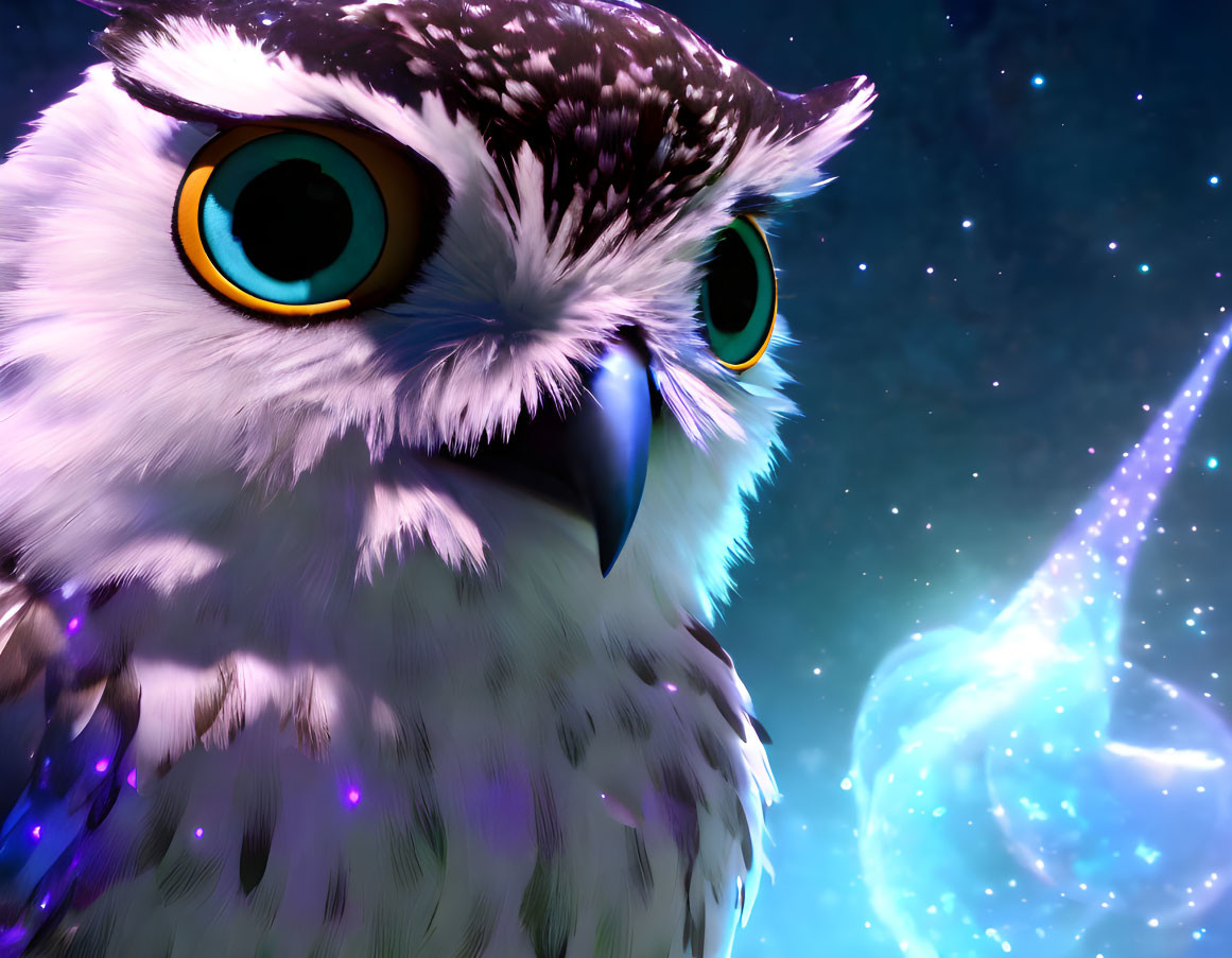 Stylized owl with turquoise eyes in cosmic setting