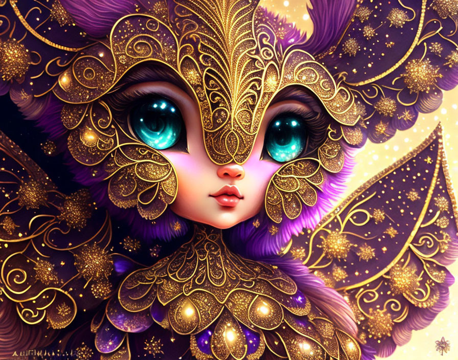 Character illustration: Sparkling eyes, golden patterns, bird-like feathers