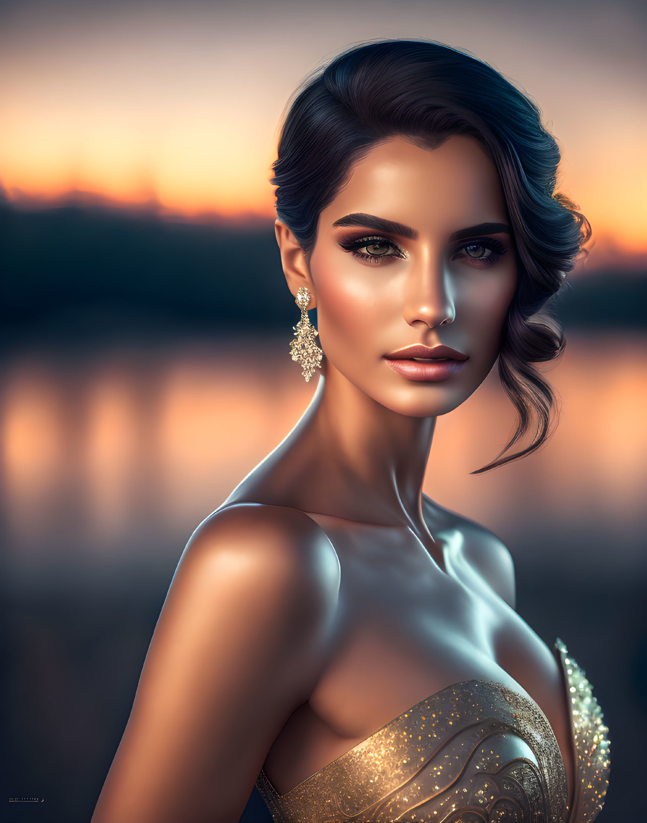 Woman in elegant makeup and gold gown with sparkling earrings in serene twilight setting