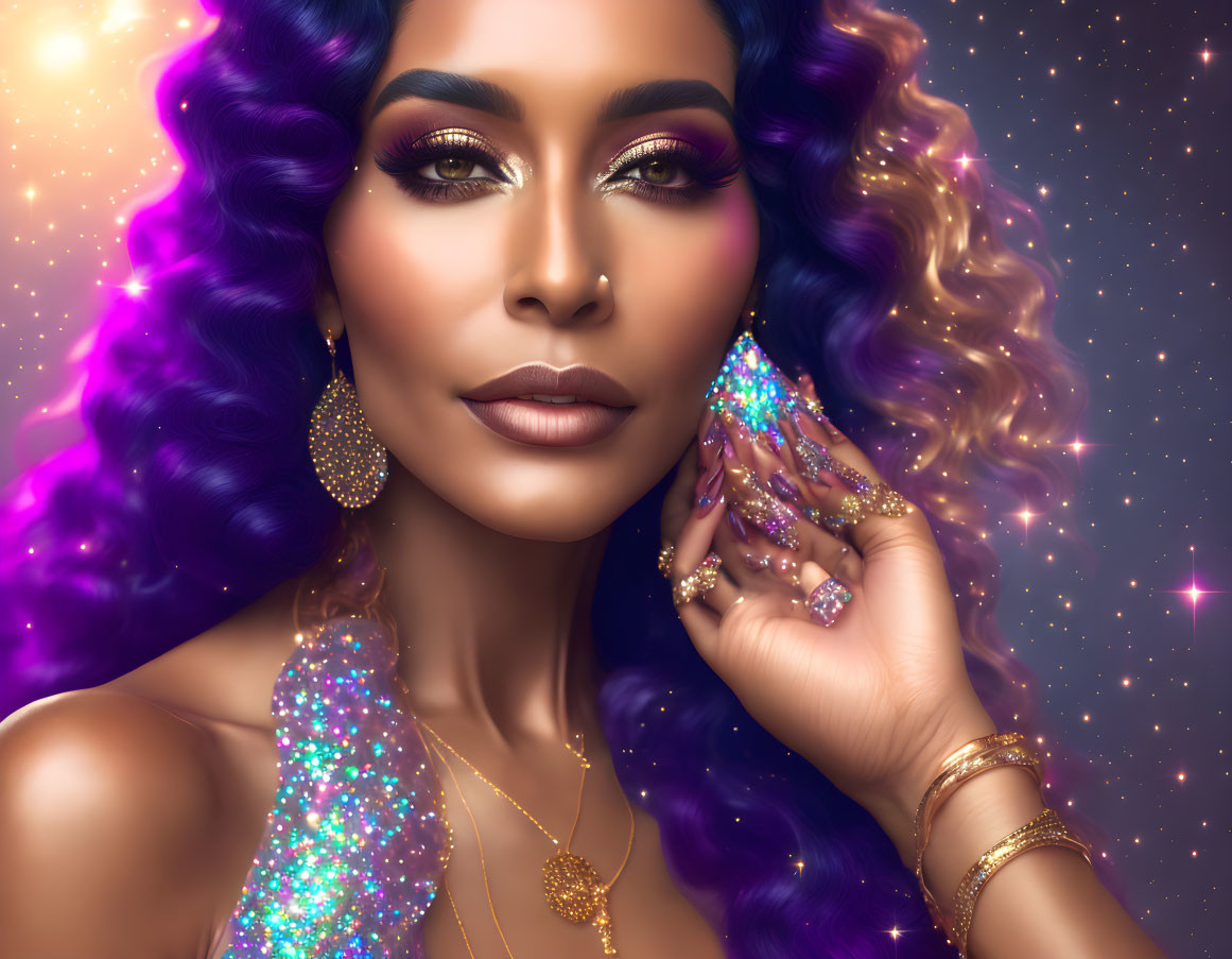 Digital artwork: Woman with purple hair and gold jewelry on starry background