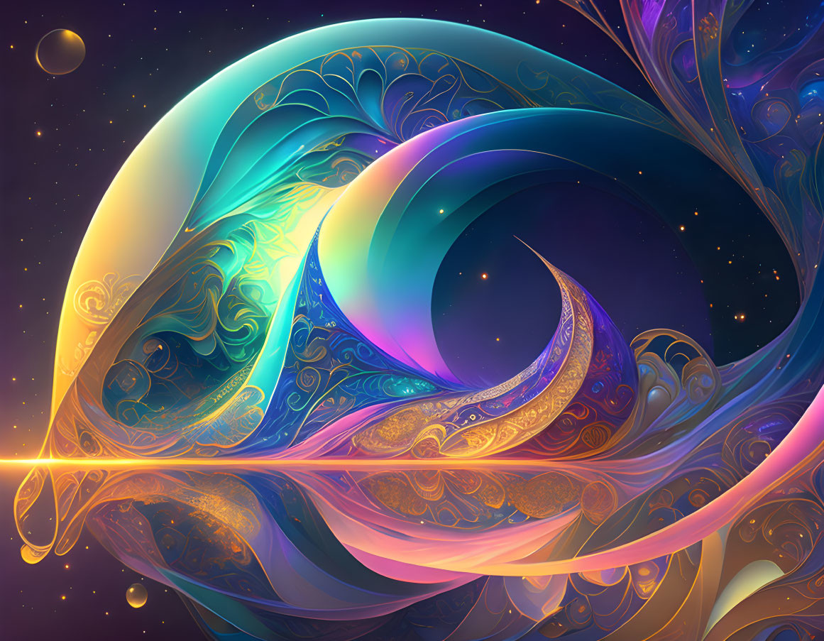 Abstract digital artwork with cosmic swirls and celestial elements.