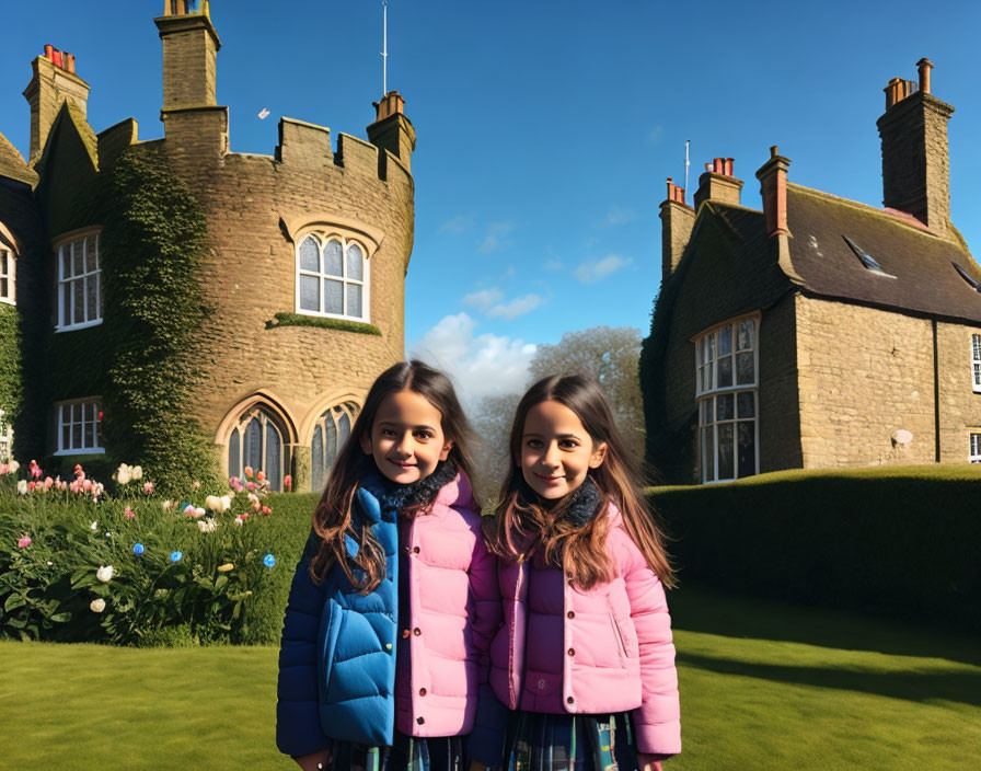 Two girls in winter jackets smiling in front of elegant house with turrets and lush garden.