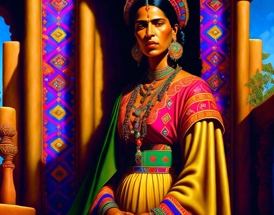 Regal woman in vibrant traditional attire near ornate pillars