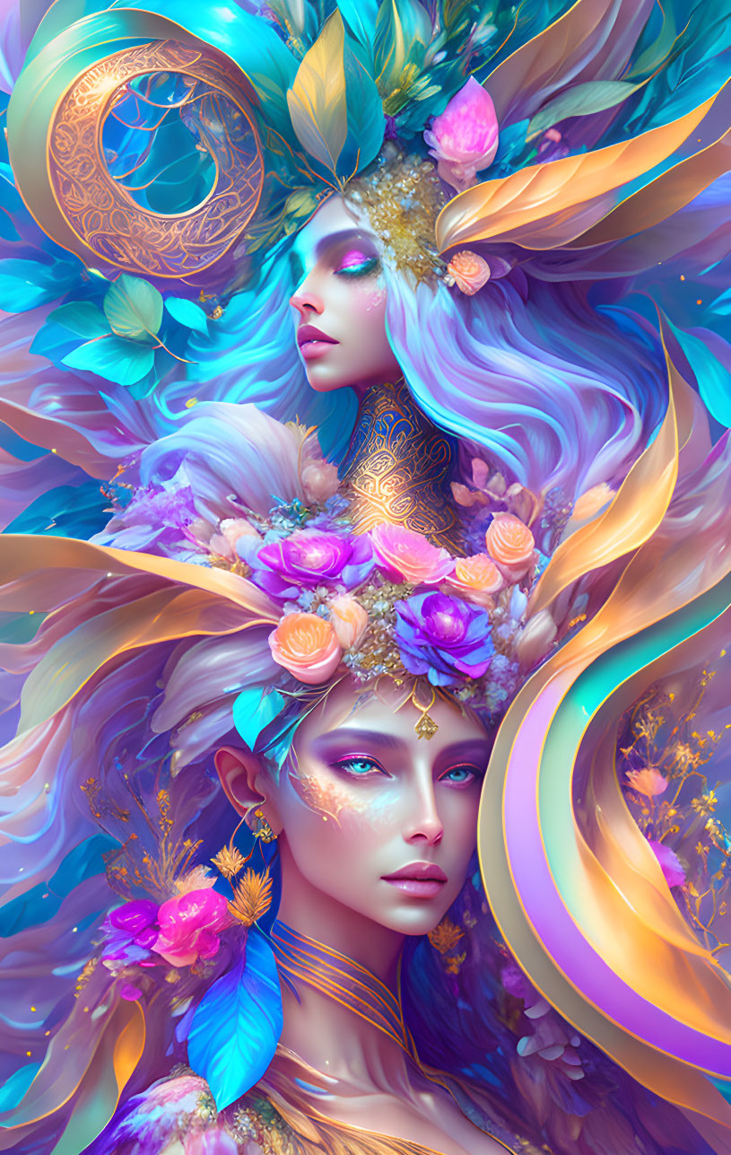 Ethereal women in floral crowns with swirling patterns