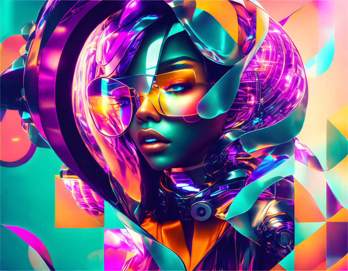 Colorful digital artwork: Woman in futuristic glasses amid neon swirls