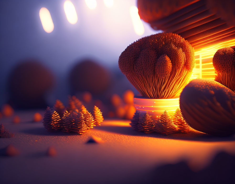 Surreal warm-lit scene with stylized trees, glowing gramophone-like structure, and oversized