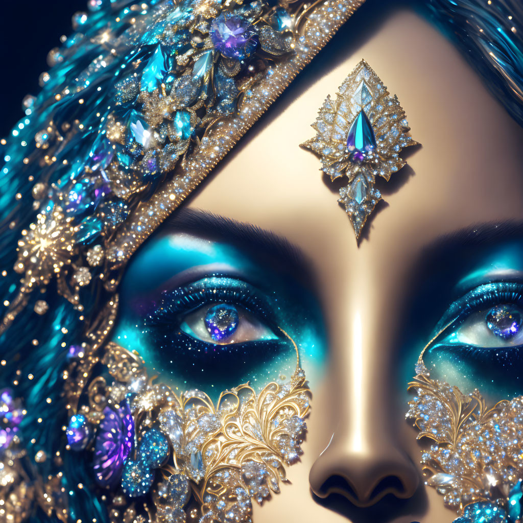 Luxurious embellished mask with gold details and sparkling gems.