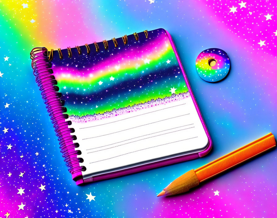 Colorful Galaxy-Themed Notepad with Spiral Binding, Donut-Shaped Eraser, and Orange