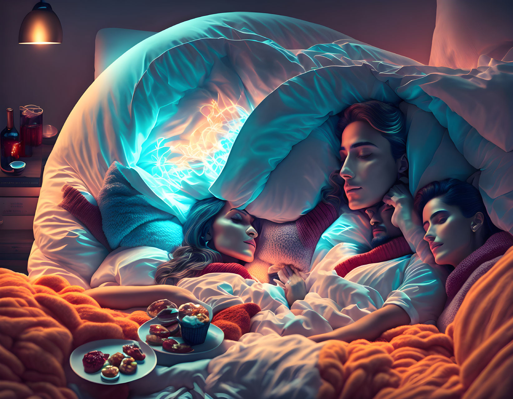 Surreal illustration: Three people asleep in bed under glowing brain-like blanket