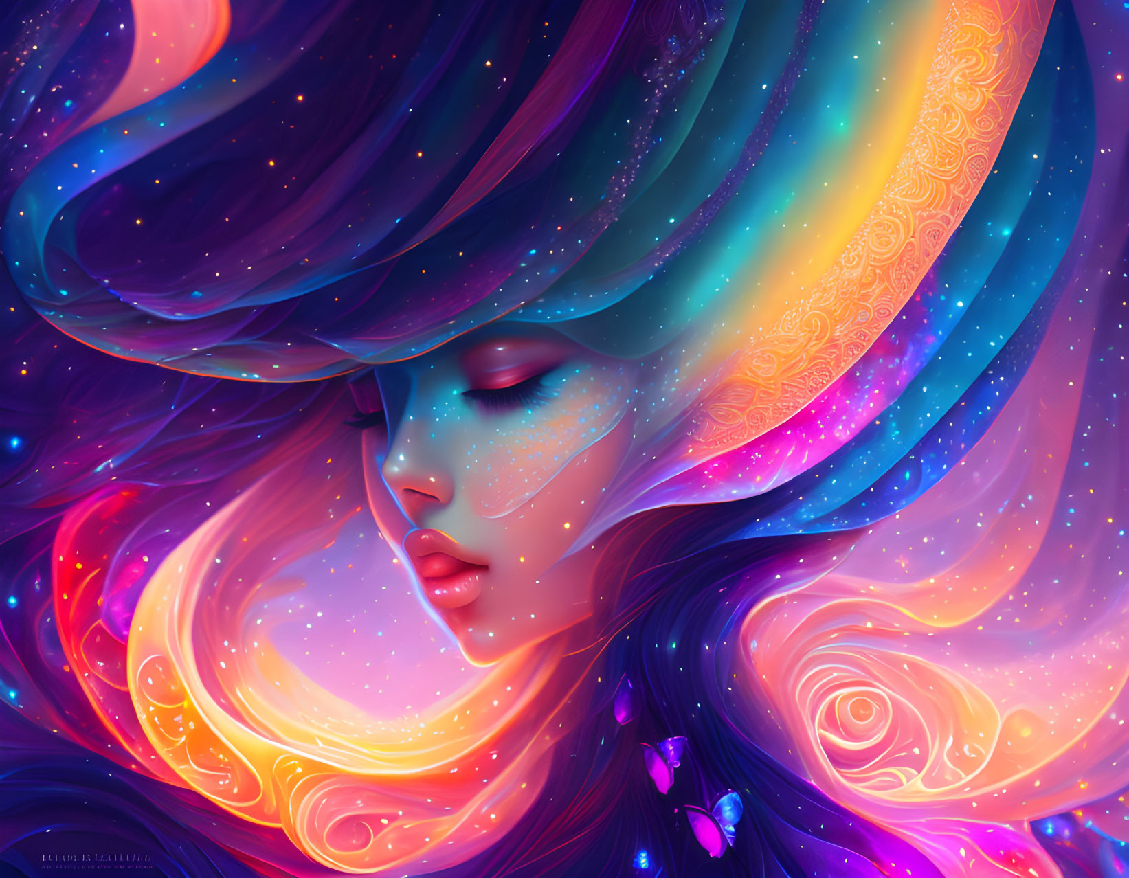 Colorful artwork of woman with flowing hair blending into cosmic backdrop