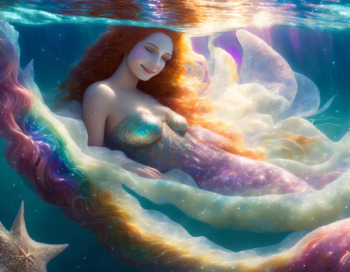 Mermaid with long hair in sunlit waters with cosmic tail.