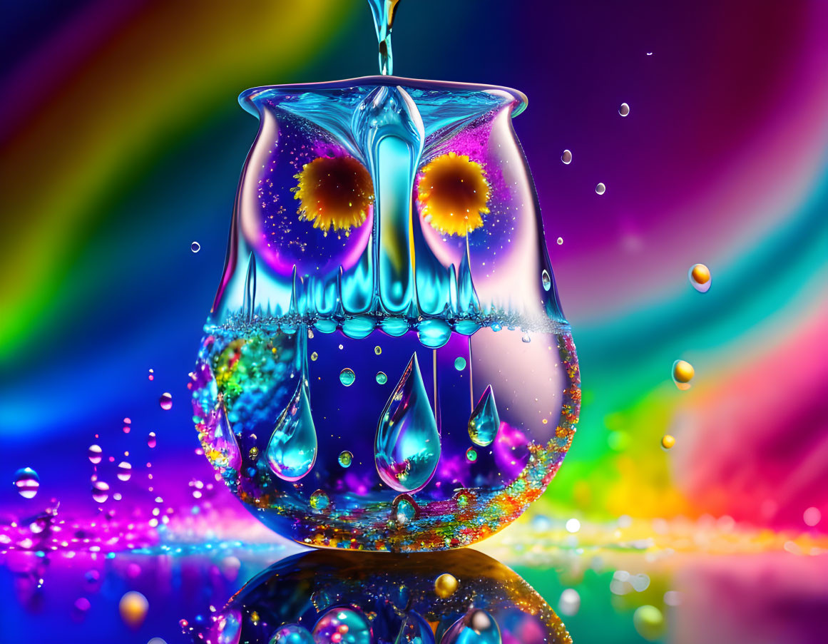 Colorful Water Drops in Glass Vessel with Rainbow Background