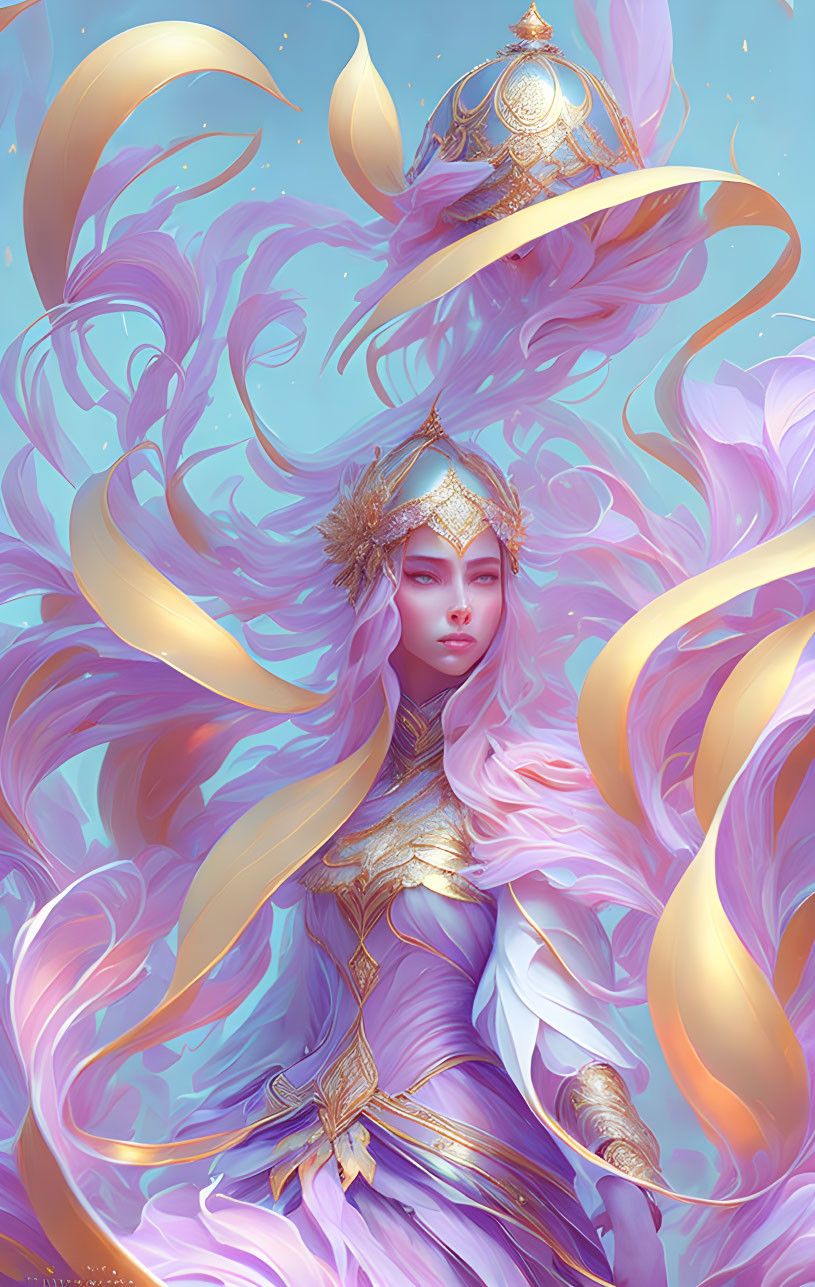 Fantastical female figure with golden headdress and armor in swirling pastel ribbons