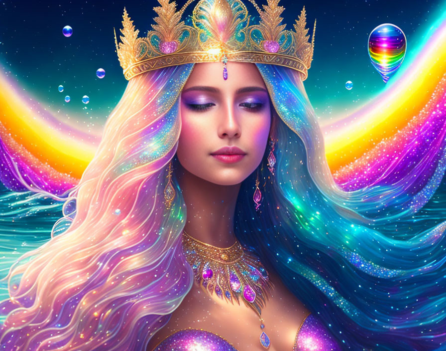 Digital artwork of woman with flowing hair and golden crown against cosmic background