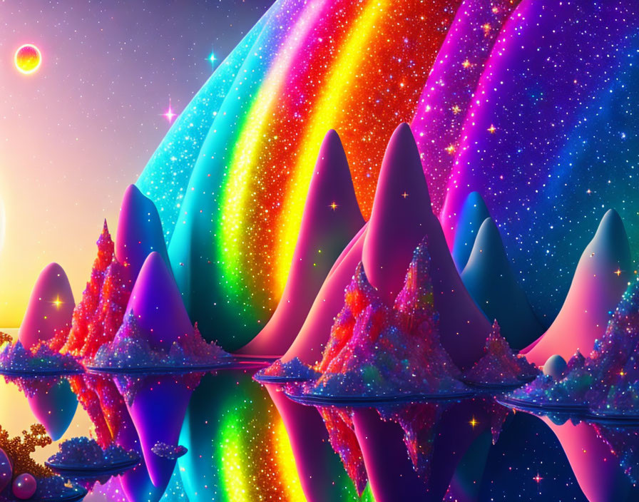 Vibrant rainbow fantasy landscape with cosmic elements