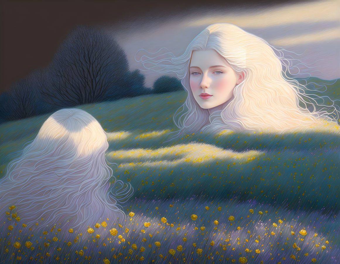 Ethereal woman with white hair in tranquil meadow at twilight