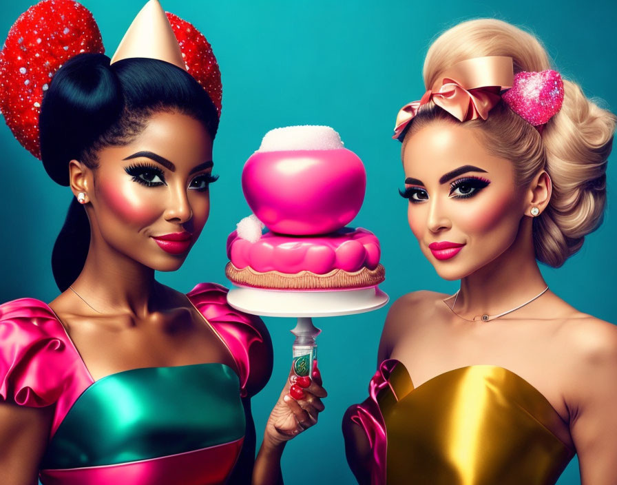 Two women in retro attire with whimsical cake on teal background.