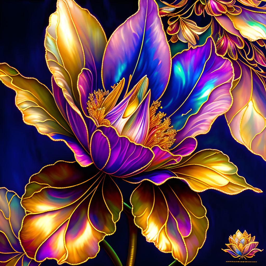 Iridescent Flower Digital Art with Golden Accents