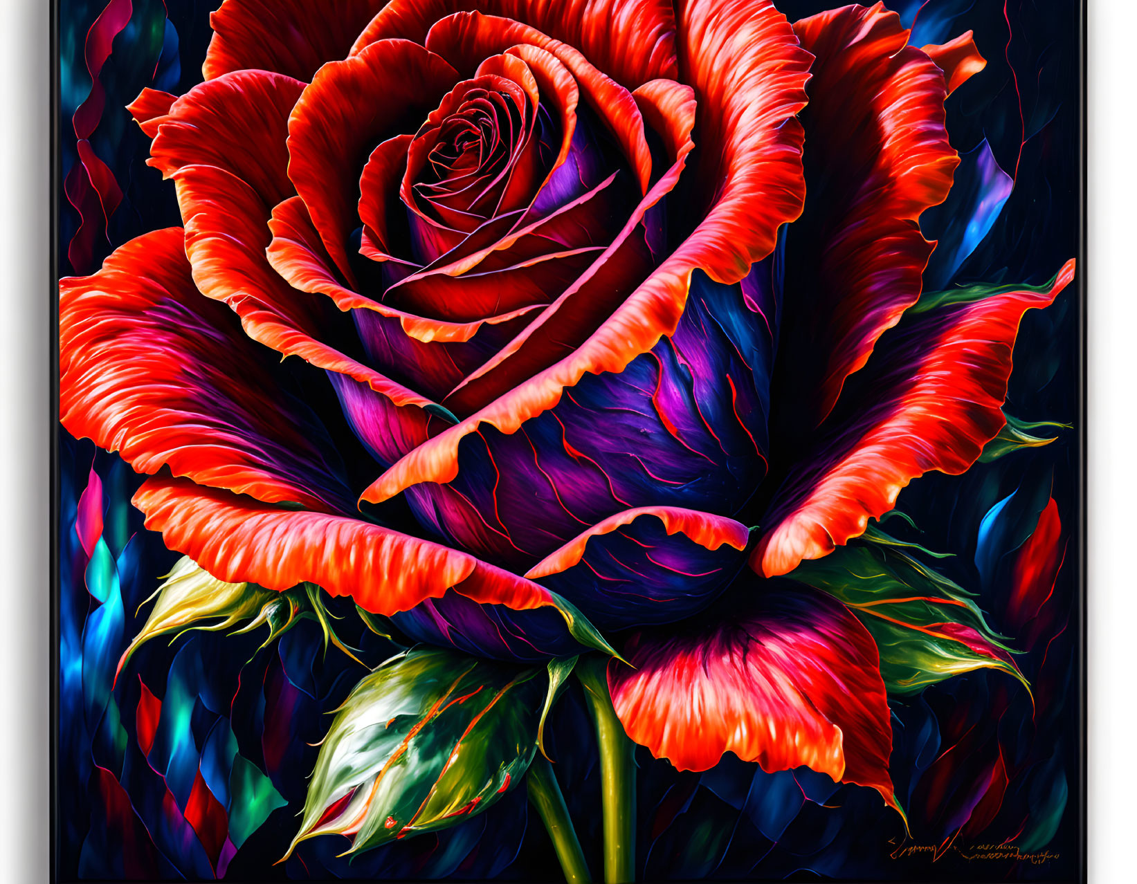 Colorful digital artwork: Rose in red, orange, and blue hues